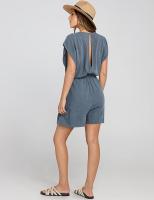Verano nuevo mono de algodón y lino mono suelto de manga corta con cintura casual Mono de lino informal de verano para mujer Cuello redondo Espalda abierta Mono corto con volantes y cordón - details 3