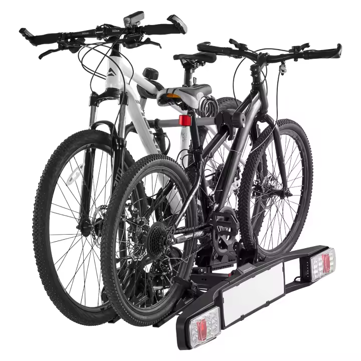 SucceBuy Portabicicletas, Portabicicletas Plegable y Bloqueable, Se Adapta a Receptores de 5 cm, Transporta 2 Bicicletas con Luz Trasera, Capacidad de 65 kg - 1