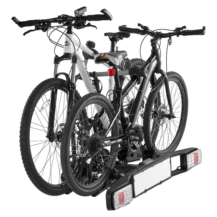 SucceBuy Portabicicletas, Portabicicletas Plegable y Bloqueable, Se Adapta a Receptores de 5 cm, Transporta 2 Bicicletas con Luz Trasera, Capacidad de 65 kg - 1