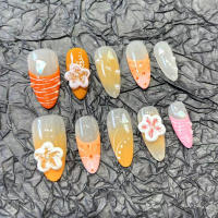 10pcs Uñas Postizas De Estilo Francés Hechas a Mano Con Decoración De Flores Almendradas Y Naranjas Para Verano Uñas Falsas De Resina Para Manicura - details 5