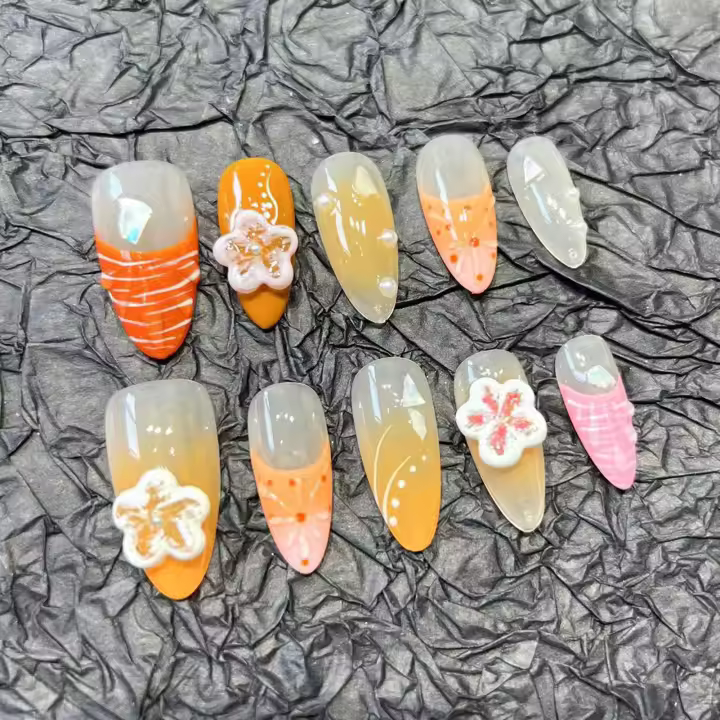 10pcs Uñas Postizas Estilo Francés Hechas a Mano Decoración de Flores de Almendras y Naranjas para Manicura de Verano - 1