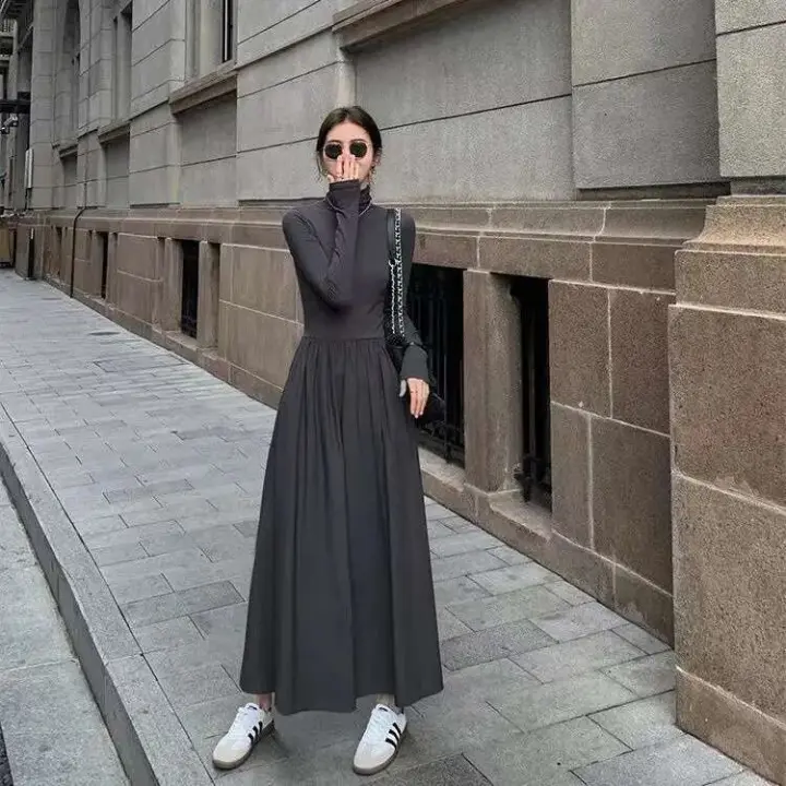 A-e Vestido largo hasta el tobillo para mujer, ropa de calle básica europea, cintura alta, elegante, temperamento, Color puro, cuello alto - 1