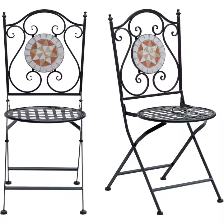 Juego de 2 Sillas Plegables de Jardín Bistro Silla Asiento Mosaico para Terraza Balcón Metal Carga 120 kg 50x40x94,5 cm Negro - 1