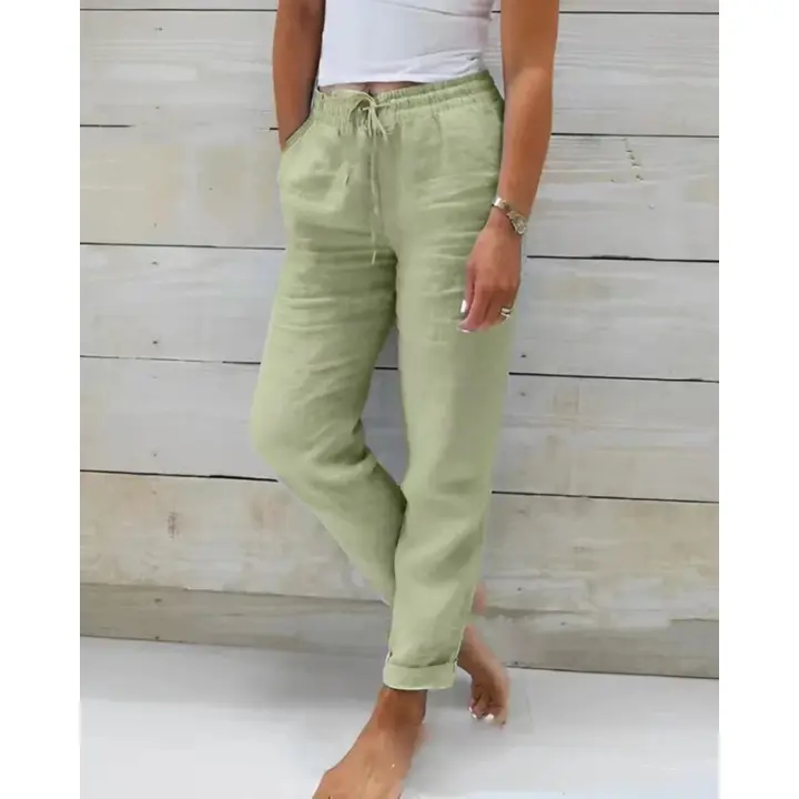 Pantalones De Verano Para Mujer Algodón Y Lino Cintura Alta Ajustables Casuales Streetwear Solido Pantalones Lánguidos Sueltos - 1