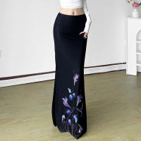 BUNO-Faldas góticas oscuras elegantes con estampado de moda para mujer, faldas acampanadas de malla de retales, falda larga a la cadera Y2K, pantalones de hadas, ropa de calle gótica - details 4