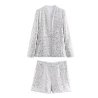 BUNO-2025 novedad de verano, traje informal de manga larga con cuello en V y lentejuelas para mujer, conjunto de pantalones cortos informales de cintura alta - details 2