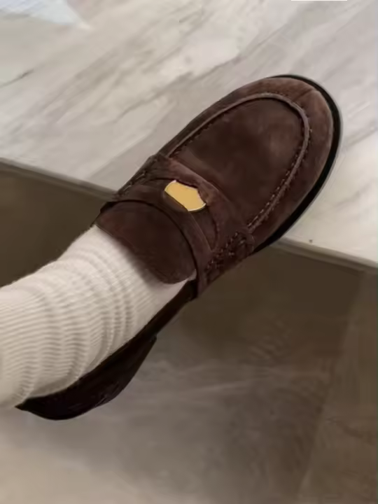 Mocasines sin cordones de ante con punta redonda para mujer, zapatos planos de piel - 1