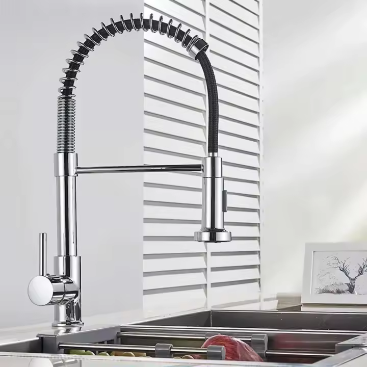 Grifo de Mezclador de Níquel Pincelado de Primavera Rotación de 360 Grados, Boquilla de Pulverización de Caliente y Fría, Montado en la Cubierta - 1