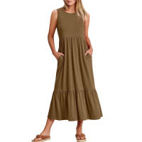 Vestido de verano informal sin mangas con cuello redondo para mujer, vestido largo de playa con gradas, trajes de vacaciones - details 6