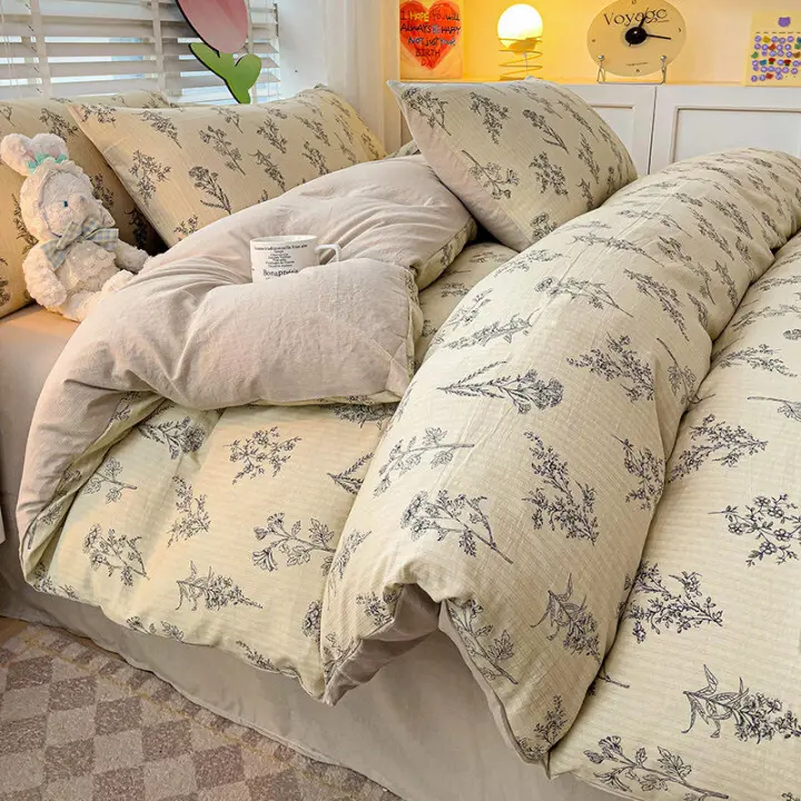 Juego de cama: Sábana ajustable de algodón lavado puro de cuatro piezas, funda de edredón, juego de tres piezas de cama individual para dormitorio de estudiantes: Sábana, funda - 1