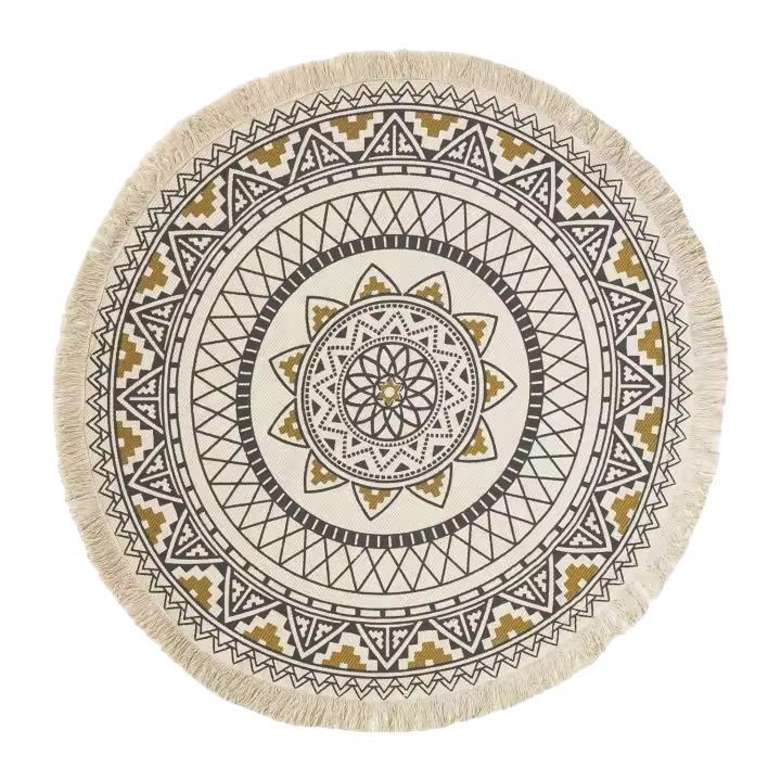 Alfombra étnica redonda de mandala 100% algodón, negra y amarilla, con motivos geométricos - 1