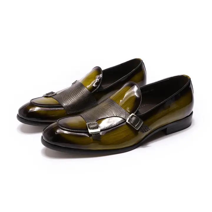 Zapatos de cuero de alta gama para hombre, mocasines de doble botón de charol - 1