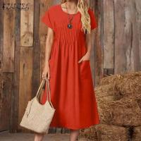 ZANZEA-Vestido elegante de verano, Vestido de manga corta con cuello de pico a la moda para mujer, Vestido veraniego plisado liso a media pantorrilla, Vestido informal de trabajo OL, caftán - details 5