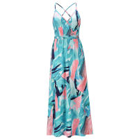 Vestidos largos con cuello en V para mujer, sin mangas, cintura alta, playa, Maxi, azul, rosa, estampado S - details 5
