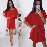 Vestido de poliéster de manga corta para mujer, jersey de cuello redondo, suelto, fajas, sólido, moda de oficina, Verano - details 5