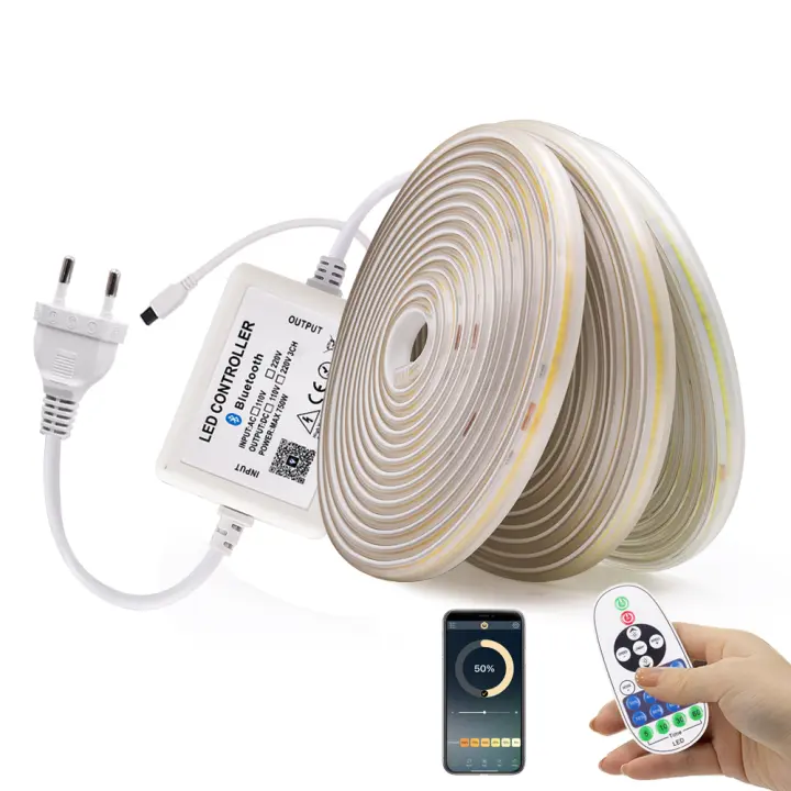 Tira de luces LED COB con Bluetooth, cinta impermeable de 220V, 288LED/m, Control remoto regulable, barra de luces LED COB FOB Flexible - 1