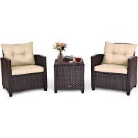Conjunto de jardín exterior de ratán de 3 piezas, 1 mesa auxiliar de vidrio templado y 2 sillas con cojines, muebles de jardín terraza balcón exterior (negro) - details 8