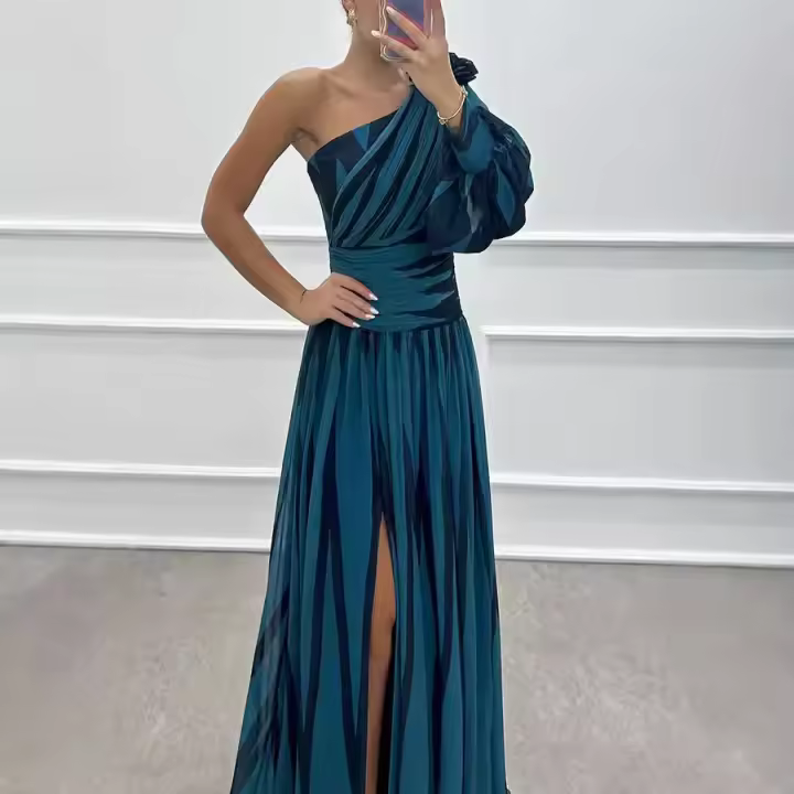 Vestido de Fiesta Rayado 2025 Estampado Inclinado, Hombros en Falda, Casual y Suelto Moda de Mujer - 1