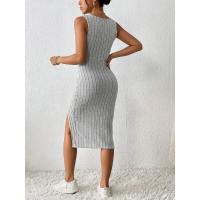 Vestido sin tirantes de punto estilo verano para mujer, vestido sin mangas con cuello cuadrado y falda con abertura lateral, vestidos - details 3