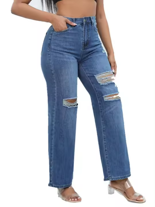 Vaqueros azules sueltos con agujeros para mujer, pantalones acampanados, moda 2025, cintura media para adolescentes - 1