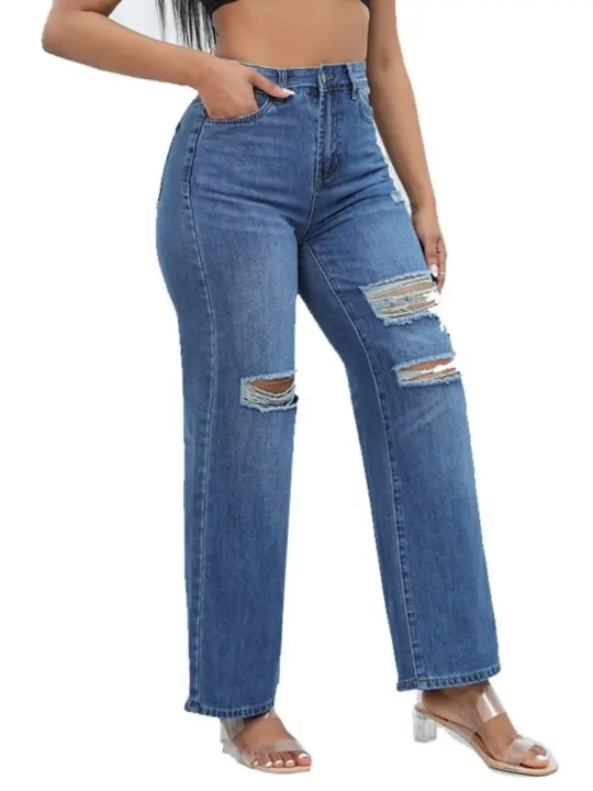 Vaqueros azules sueltos con agujeros para mujer, pantalones acampanados, moda 2025, cintura media para adolescentes - 1