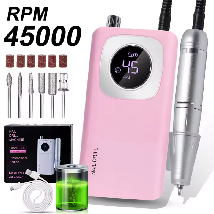 Máquina de Taladro de Uñas Profesional Portátil 45000RPM Recargable para Manicura de Acrílico Semi-Permanente - 1