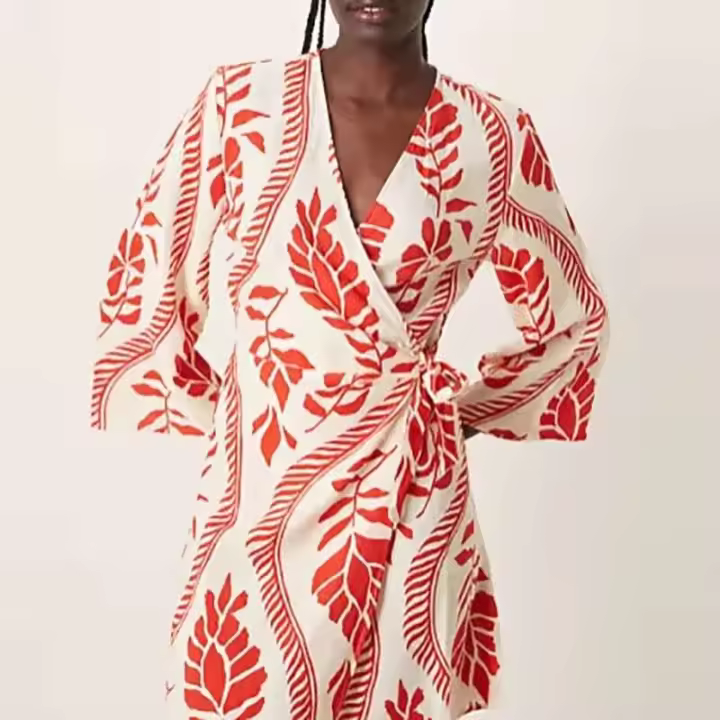 Vestido Corto Boho Casual Manga Larga, Cuello en V, Estampado de Moda para Mujeres - 1
