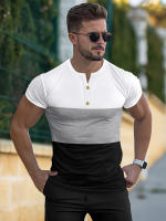 Camiseta deportiva informal de manga corta de verano para hombre, con costuras tricolores y cuello en V con muescas, estilo Henry - details 1