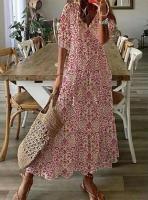 Vestido largo bohemio de verano para mujer, vestidos Vintage con estampado ral y manga con cuello en V, vestido de playa holgado informal con cordón para mujer - details 6