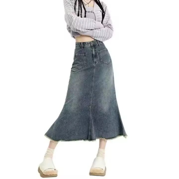 Nuevo diseño de nicho retro de cintura alta para mujer, falda de cola de pez, falda vaquera de corte acampanado de longitud media - 1