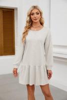 Color sólido mujer manga larga Mini cuello redondo vestido elástico grueso vestidos cortos para mujeres moda elegante Chic en venta liquidación X - details 1