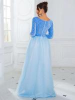 Elegante Vestido de Terciopelo con Lentejuelas Cuello en V, Manga Larga, Red de Cetín, Azul Cielo y Rosa, Perfecto para Fiestas - details 5
