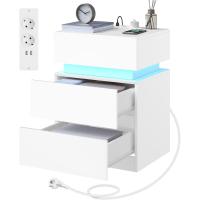 Piezas Mesita Noche con Estación de Carga, Mesita Noche con Luz LED, 2 Cajones, 2 Puertos, 2 Enchufes, Mesita Noche para Dormitorio, Blanco, NTS23ws-2 - details 9