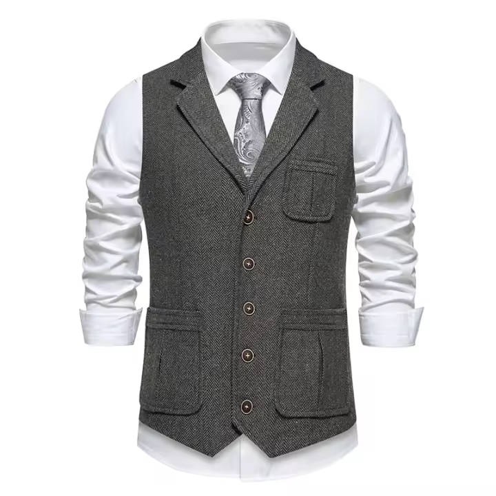 Tweed Grueso Moda Retro para Hombres Chaleco Fiesta de Ocio Casual Británico con Múltiples Bolsillos - 1