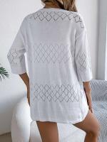 Cárdigan de punto con huecos de diamantes para mujer, Tops informales a prueba de sol, Color sólido, vacaciones de verano - details 2