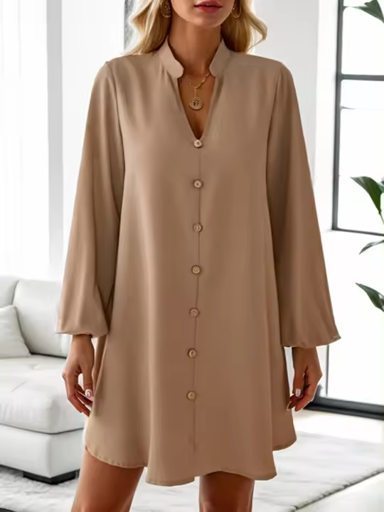Vestido suelto de desayuno único con cuello en V de manga larga de primavera y verano 2025 para mujer - 1