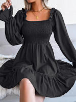 Vestido elegante de manga larga para mujer, falda de cuello cuadrado, de Color sólido vestido de volantes, moda de primavera y otoño - details 28