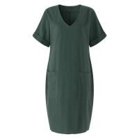 Y verano temperamento europeo americano ropa de mujer Collage manga corta cuello en V vestido de una línea - details 16