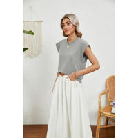 BUNO-2025 Tops para mujer, pantalón corto informal de moda de verano, camisetas básicas con textura a rayas de Color sólido y cuello redondo - details 28