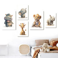 Póster de dibujos animados de animales de la selva, pintura en lienzo de elefante, León, hipopótamo, imágenes artísticas de pared para dormitorio de niños, decoración de habitación de bebé - details 1