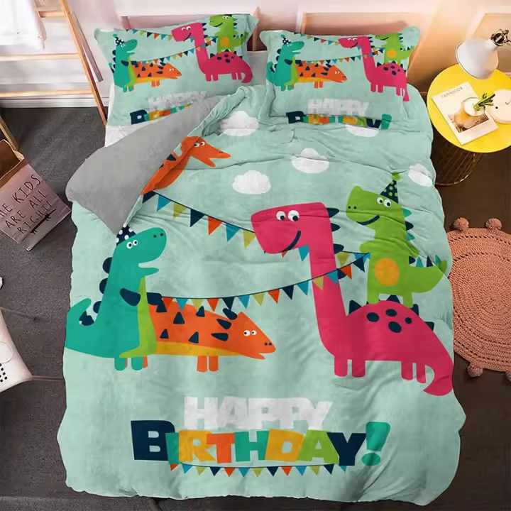 Tiendas Juego de cama de dinosaurio de dibujos animados, edredón bohemio tamaño King y doble reina, funda nórdica de poliéster, funda de almohada, ropa de cama suave - 1