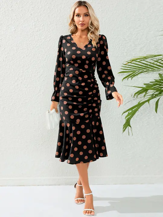 Vestido plisado de lunares para mujer, manga larga con cuello en V, ajustado, largo medio, informal, moda de otoño, 2023 - 1