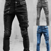 Jeans Retro Moto Biker Para Hombre Cierre Con Botón Y Cremallera Relleno Elástico Callejero Punk Skinny Denim Cargo Pantalones Y2K - details 2