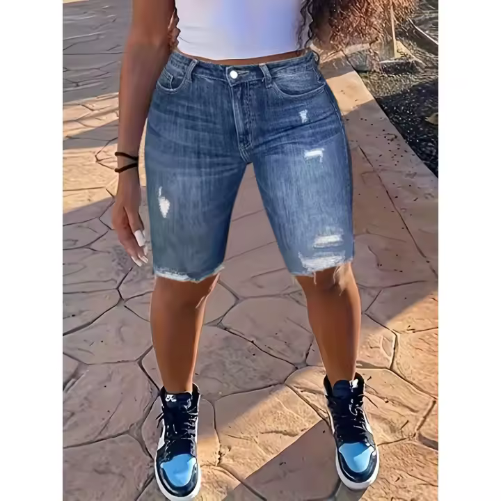 Shorts de Denim Rasgados Estilizados para Mujer Pantalones de Moda de Alta Comodidad y Estilo - 1