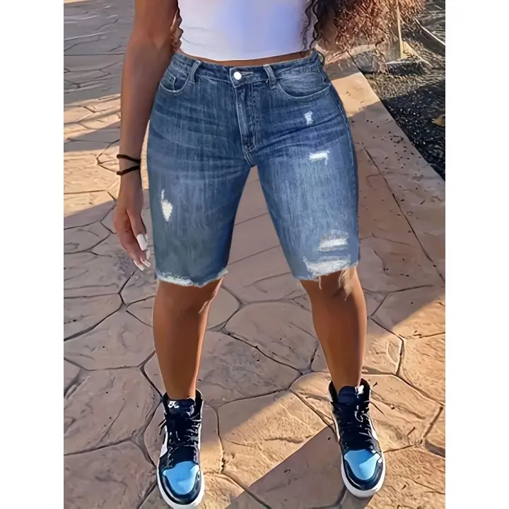 Shorts de Denim Rasgados Estilizados para Mujer Pantalones de Moda de Alta Comodidad y Estilo - 1