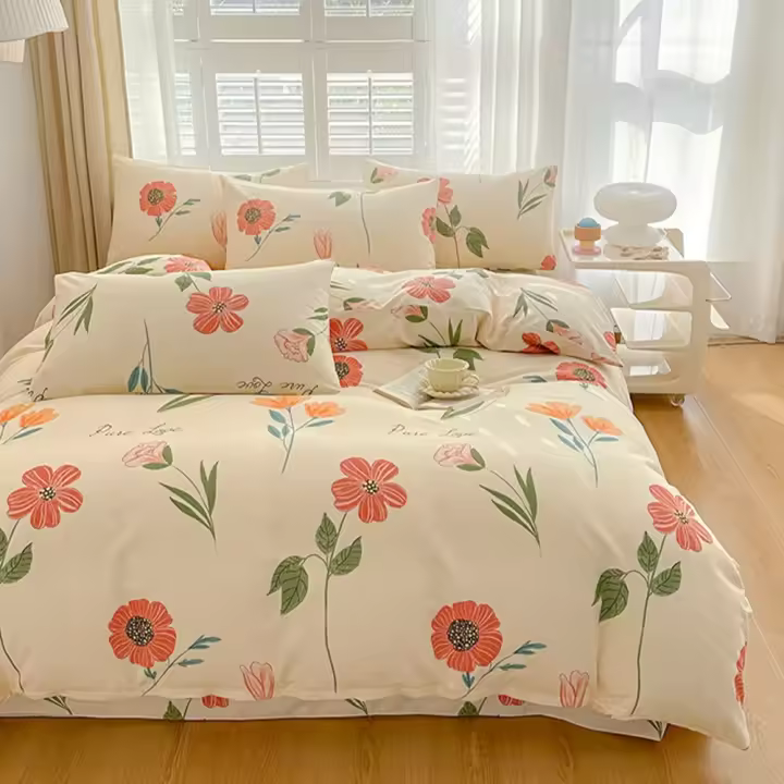 Sábana Rosa con Estampado Floral de Algodón Puro Cómoda con Cierre de Cremallera Tela Amigable con la Piel Sin Cojín para la Cama - 1