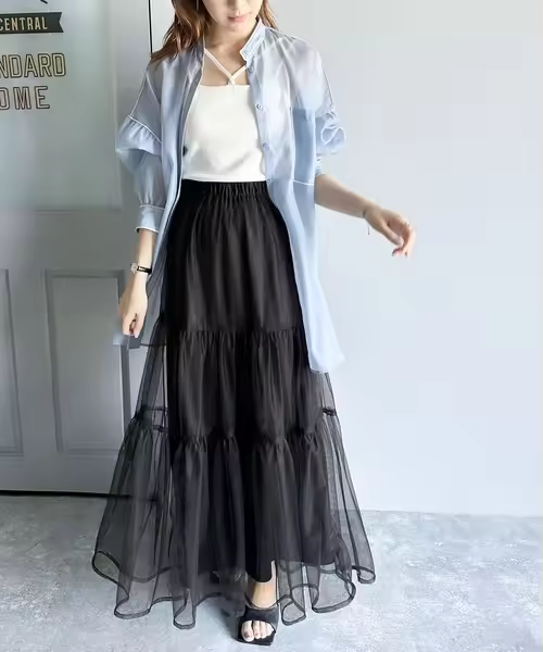 Falda larga de malla para mujer, falda de dos capas, línea A, color negro, blanco y verde, primavera y verano - 1