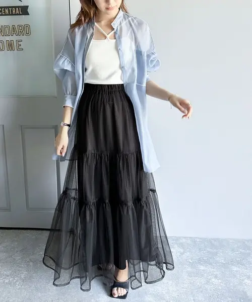 Falda larga de malla para mujer, falda de dos capas, línea A, color negro, blanco y verde, primavera y verano - 1