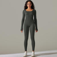 Ropa de una pieza con rosca, mono de Yoga sin costuras, Control de barriga, ropa de ejercicio de manga larga, elástico - details 10