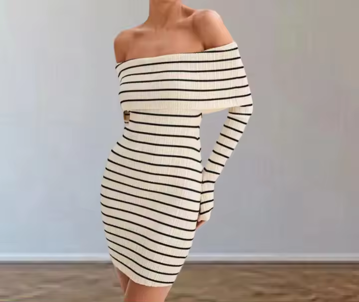 Vestido corto informal de punto con hombros descubiertos y manga larga a rayas para vacaciones en la playa - 1